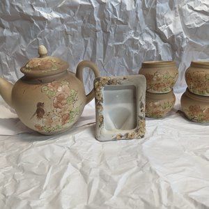 Vintage Japanese Tea Pot Set Hand Painted Floral with Picture Frame, Tan